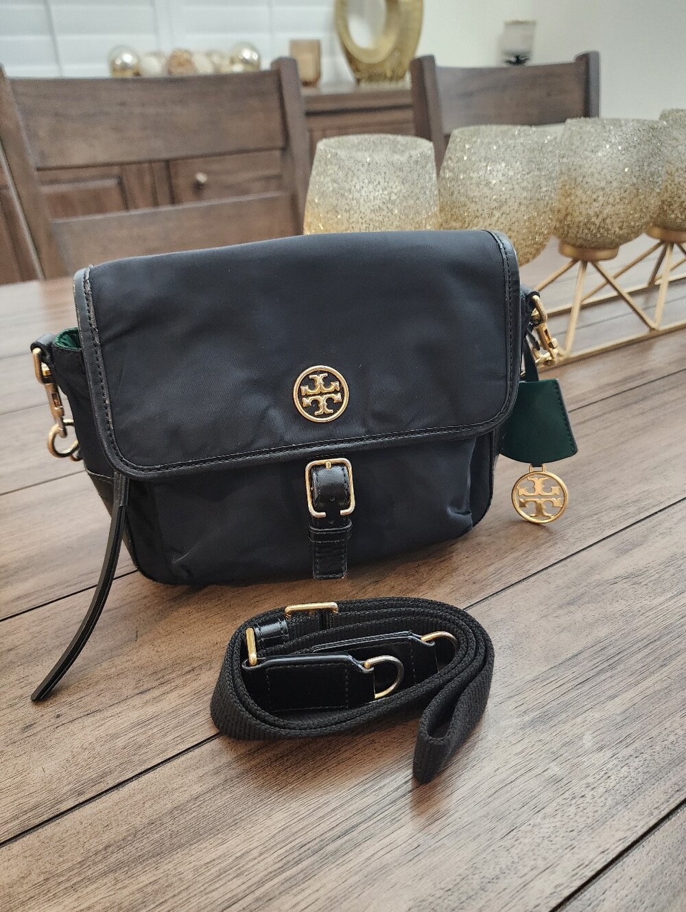 Tory Burch Black Crossbody with Gold Logo and Green Tag